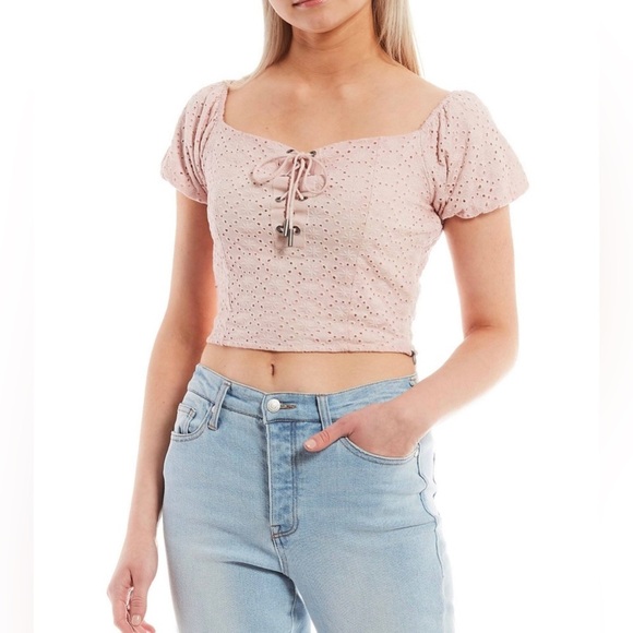 Guess| Beatrix Square Neck Eyelet Crop Top w Puff Sleeve & Tie Detail•••Size M - Picture 1 of 16